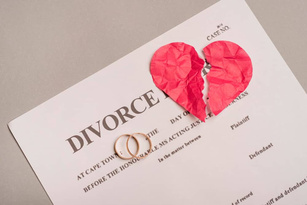 Torn paper reading Divorce with two wedding rings on top