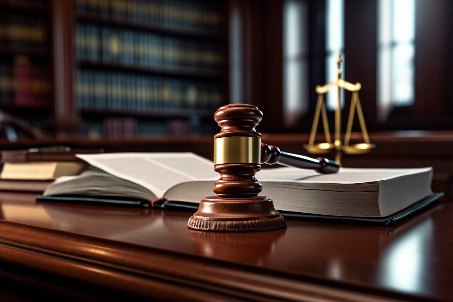 Gavel resting on an open law book beside the scales of justice