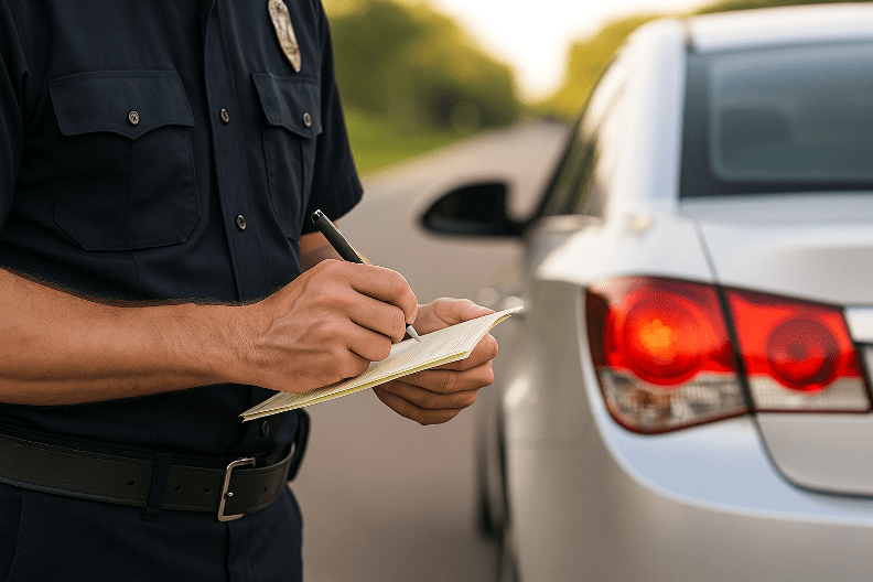 “Police officer writing a traffic ticket to a driver near a stop sign in Belton, Missouri”