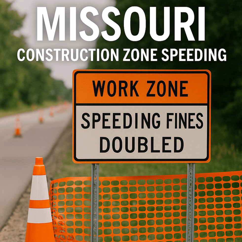 Missouri construction zone speed limit sign warning of doubled fines