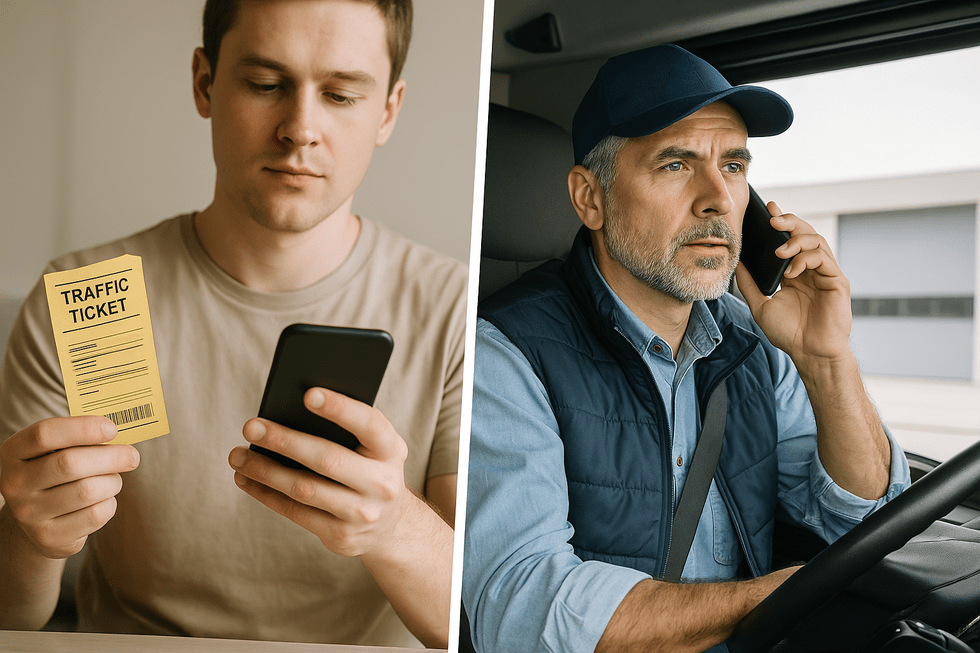 Split image of driver paying ticket online vs driver calling a lawyer